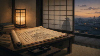 古文書と行灯のある江戸風の部屋で、時代劇の忍者像と歴史資料を考えるイメージ