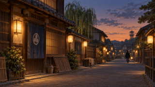 夕暮れの江戸の町並みと提灯を描いた、町の安全と暮らしの知恵の記事イメージ