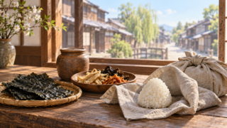 江戸の町並みを背景に、握り飯、乾物、保存用の包みを描いた江戸時代の保存食の記事イメージ