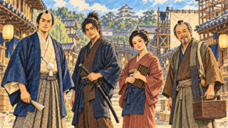 城下町風の撮影セットに、殿様・侍・商人・医師を思わせる四人の架空の人物を描いたイラスト