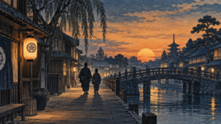 夕暮れの江戸の町並みと橋のそばを歩く二人の人物のイラスト