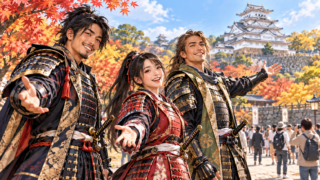 城と紅葉を背景に、甲冑姿の人々が出迎えるイメージイラスト