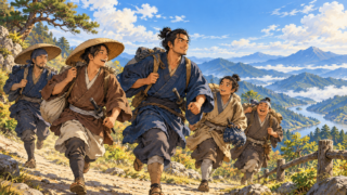 山あいの道を、荷物を背負った侍たちが走るイラスト
