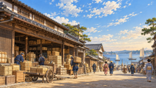 品川宿の街道と問屋場、空に浮かぶ雲を描いたイメージイラスト