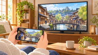 テレビとスマートフォンで時代劇を楽しむ様子を表したイメージ。
