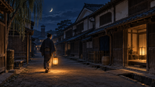 提灯を持つ人が歩く江戸の夜道と、行灯の明かりが漏れる家を描いたイラスト
