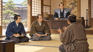 江戸の奉行所で役人と町人が話し合う場面を描いたイラスト