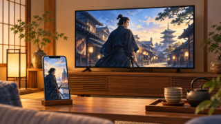 時代劇を映すテレビとスマートフォンが置かれた鑑賞部屋のイラスト