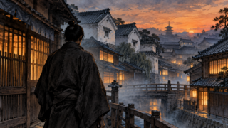 夕暮れの江戸の商家と蔵を、霧の中から見つめる着物姿の人物を描いたイラスト。