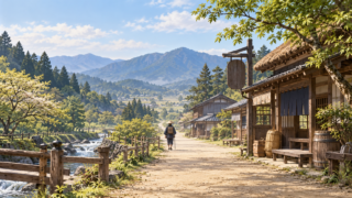 旅人の後ろ姿と、街道沿いの宿場・遠くの山を描いた風景