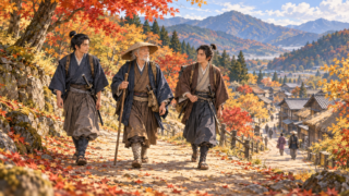 秋の街道を歩く年配の旅人と二人の侍を描いた時代劇のイメージ。