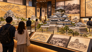 城の模型と城絵図を眺める、お城イベントのイメージ